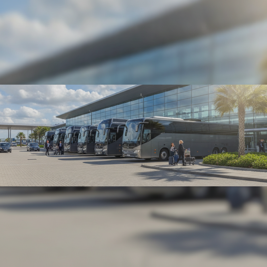 Our coach Fleet for London City Transfers — executive coach meeting a group at London City Airport