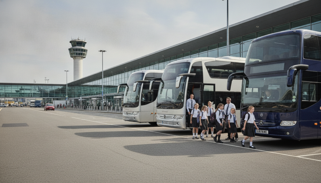 Safety First: Secure Coach Travel for School Trips from London City Airport — executive coach meeting a group at London City Airport