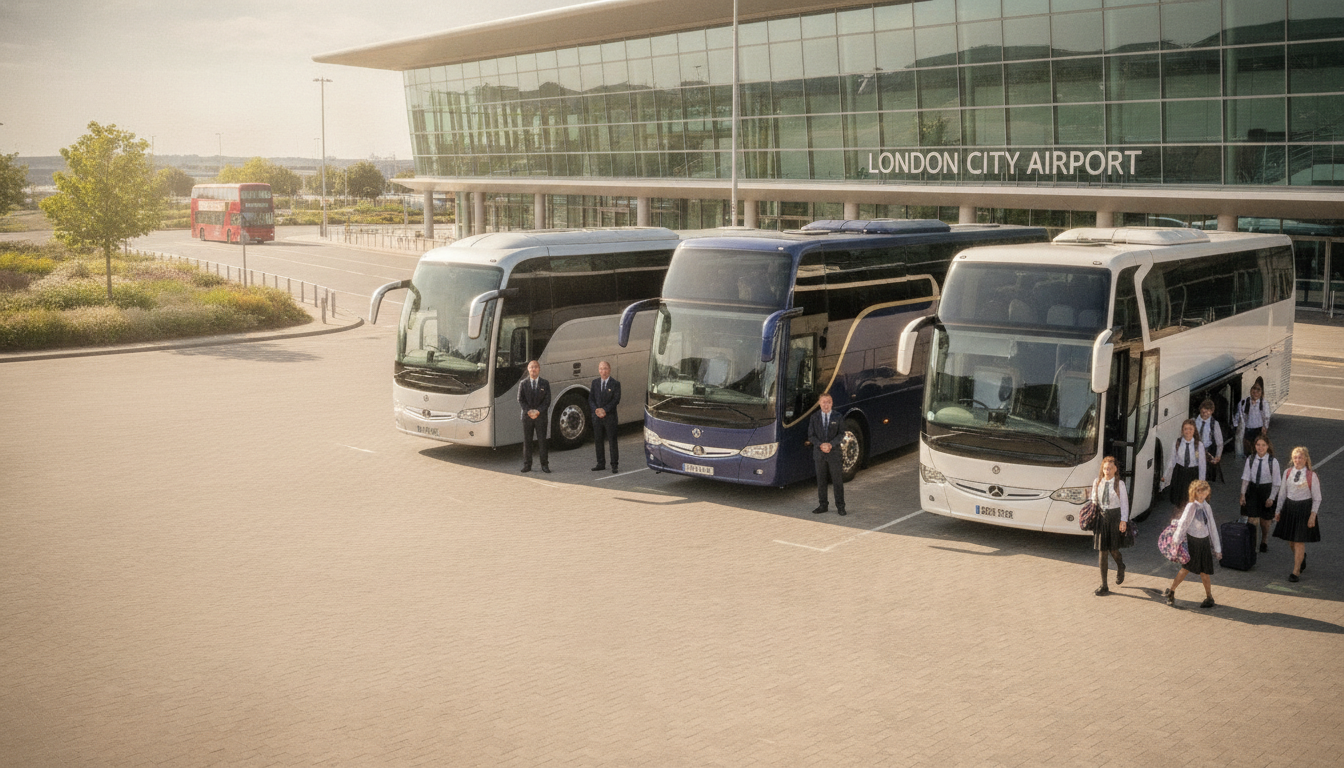 Beyond the Classroom: Exploring London with Reliable School Trip Transport — executive coach meeting a group at London City Airport